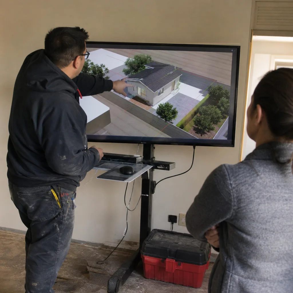 Contractor designing an ADU with a client on a digital display