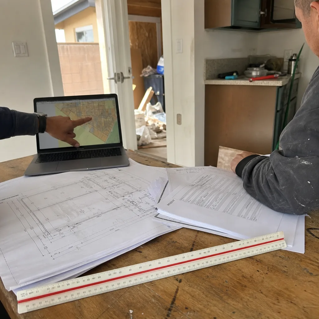 Professional reviewing ADU blueprints and site plans on a laptop.