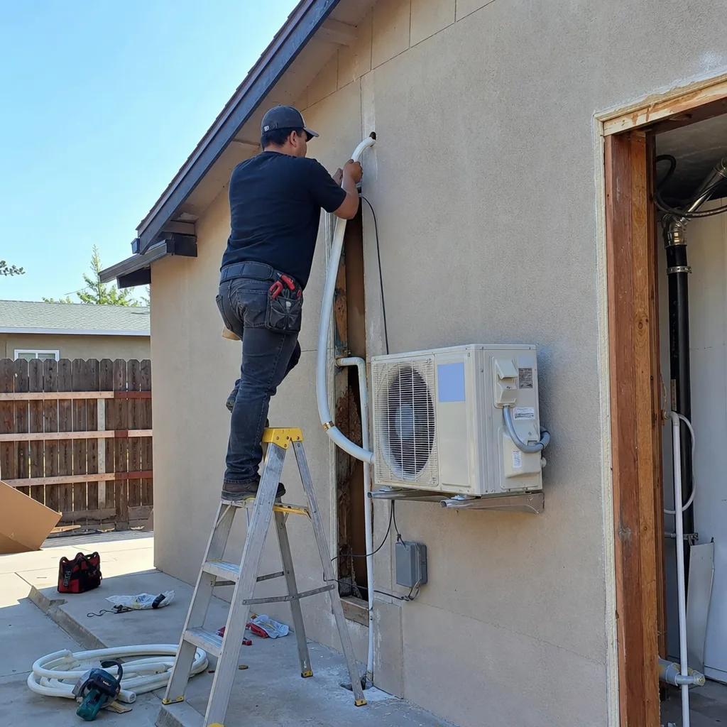 Professional installing HVAC system for a garage conversion ADU project