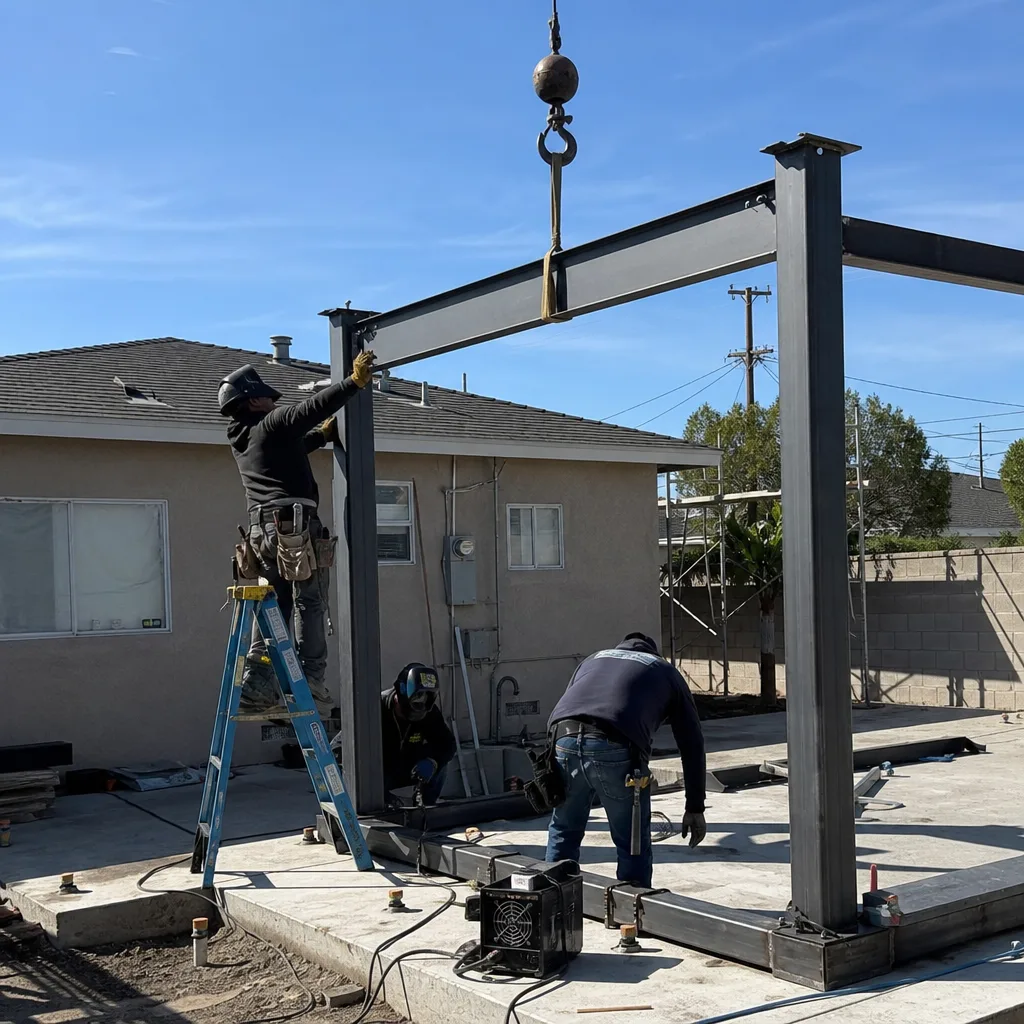 Construction crew installing structural steel frame for a detached accessory dwelling unit