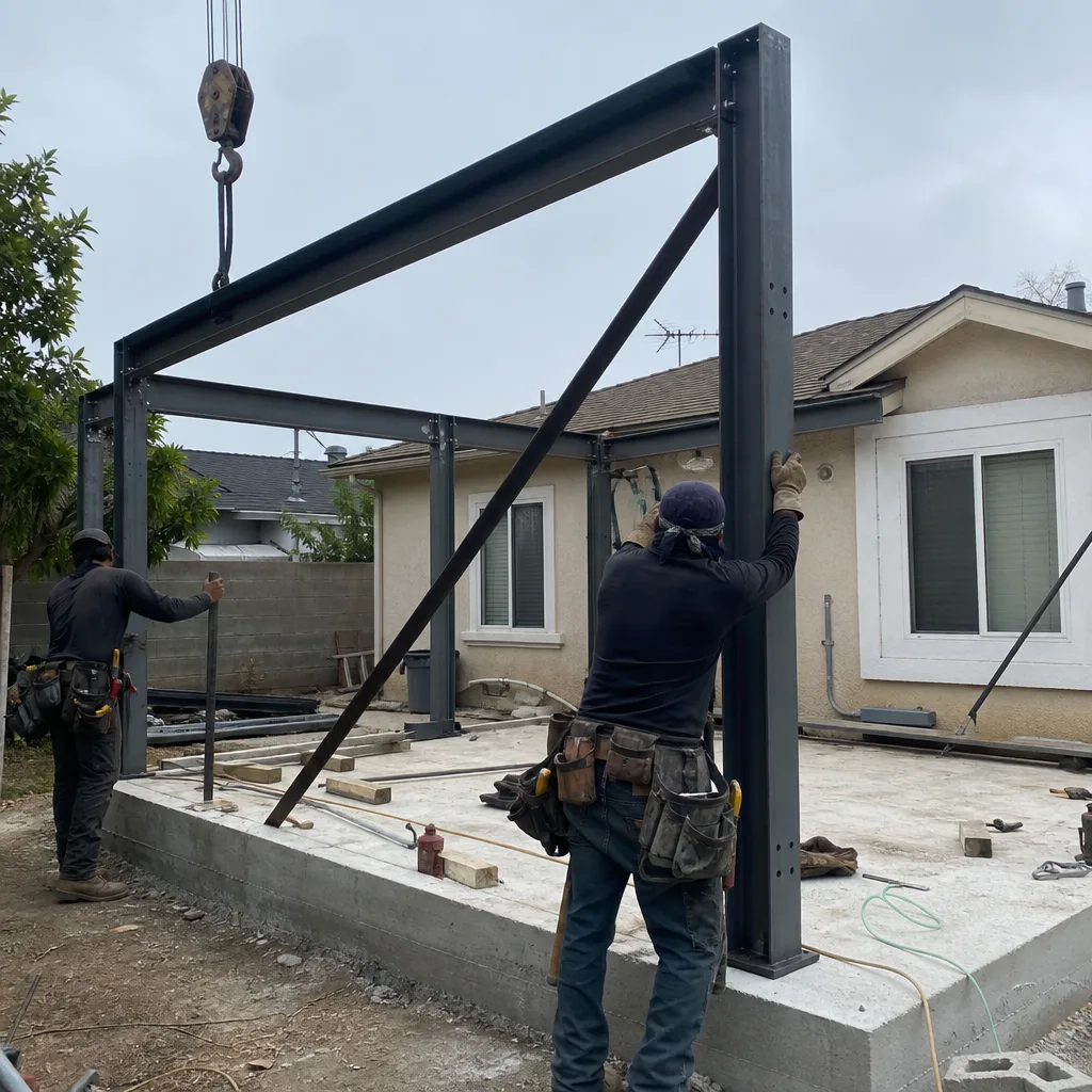 construction workers installing steel frame for new detached accessory dwelling unit